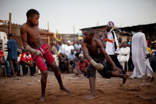 Lagos, Nigeria- Young Dambe boxers during a match in Lagos, Nige