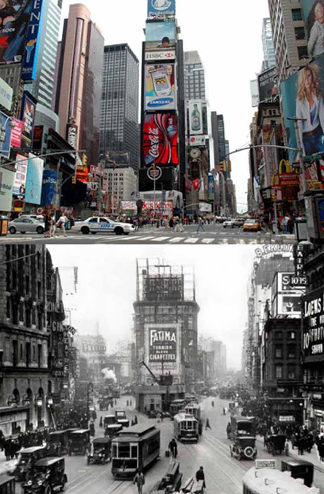Times Square in 1922  and  nowadays